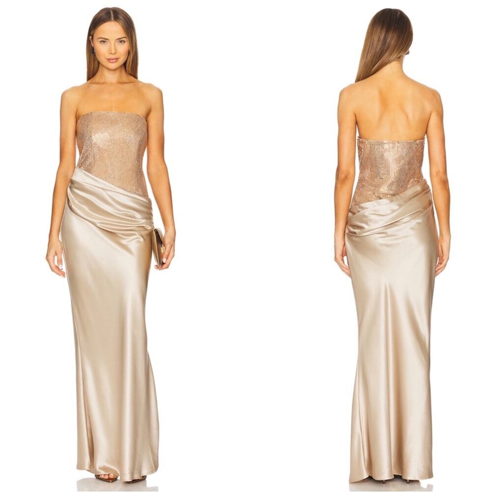 RETROFETE Alexandra Strapless Crystal Embellished Ruched Draped Maxi Dress Sz M